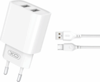 XO CE02C 2x USB Type-A Hálózati töltő + Micro USB kábel - Fehér (5V / 2.1A)