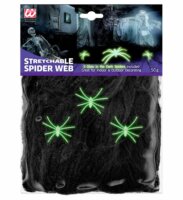 Widmann Foszforeszkáló Halloween Dekoráció műanyag pókok (3 db) fekete pókhálóval - 50 g