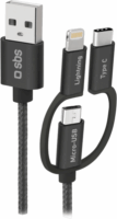 SBS USB-C apa - MicroUSB (Lightning/USB-C) apa Adat- és töltőkábel 1.2m - Fehér