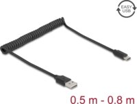 DeLock 90133 Easy-USB-A apa - USB-C apa Spirálos 2.0 Adat és töltő kábel 0.8m - Fekete