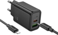 HOCO N63 USB-A / USB-C Hálózati Gyorstöltő Adapter 30W + Lightning kábel - Fekete