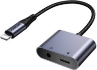 Joyroom SY-L01 Lightning apa - 3.5mm Jack anya + Lightning anya Átalakító Adapter - Fekete