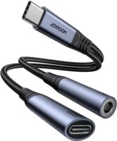 Joyroom SY-C02 USB-C apa - USB-C anya + 3.5mm Jack anya Átalakító Adapter - Fekete
