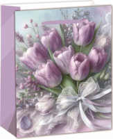 Iris Tulipáncsokor mintás Szalagfüles matt papír ajándéktasak (18 x 23cm) - Lila/Mintás