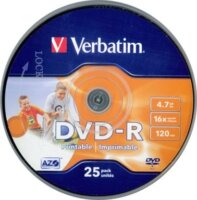 Verbatim DVD-R 16x, 4,7 GB hengeren, szélesen nyomtatható, matt, "ID" 25db/csomag