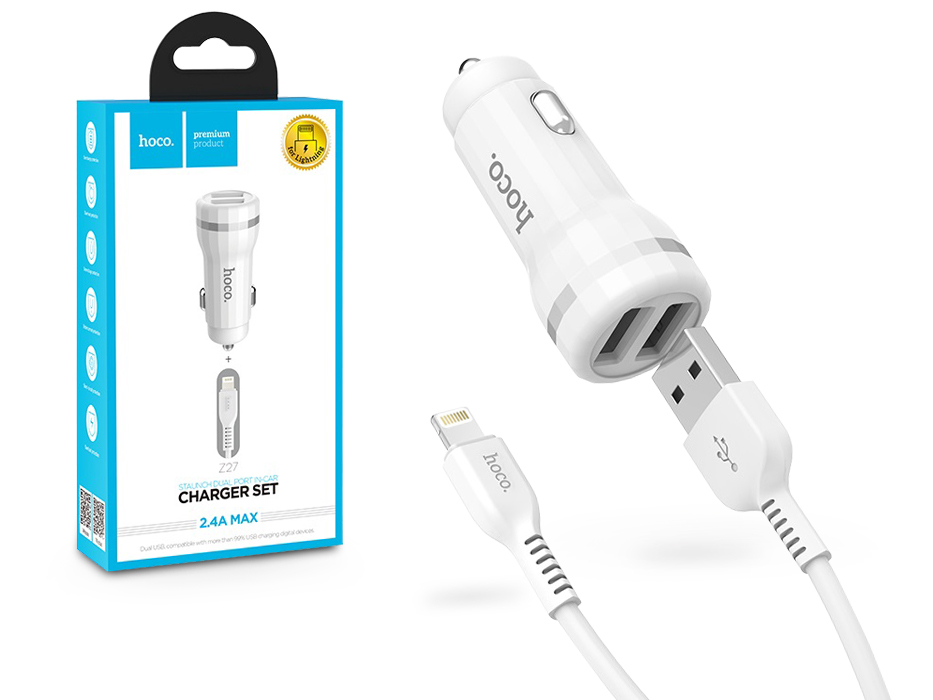 HOCO Z27 2x USB-A Autós töltőadapter + USB-Lightning Adat- és ...